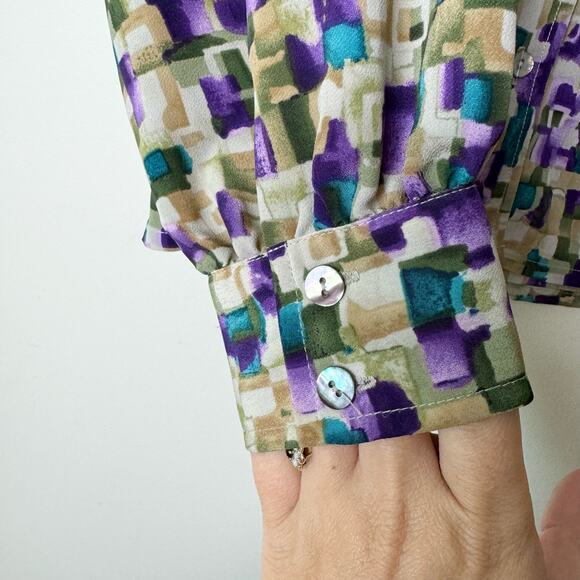 Bleyle VINTAGE teal purple cream block abstract print button up blouse LARGE - Picture 2 of 7